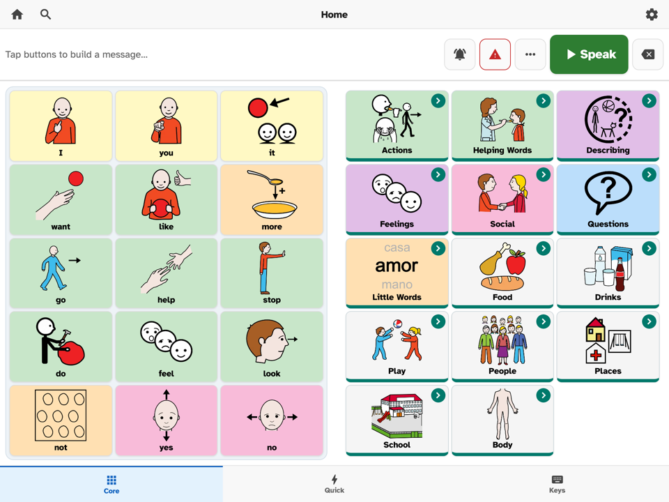 The SayThrough home board: colour-coded core words — I, you, want, like, more, go, help, stop, yes, no — on the left, category pages for Actions, Feelings, Food, Play and School on the right, with a message bar and a green Speak button across the top.