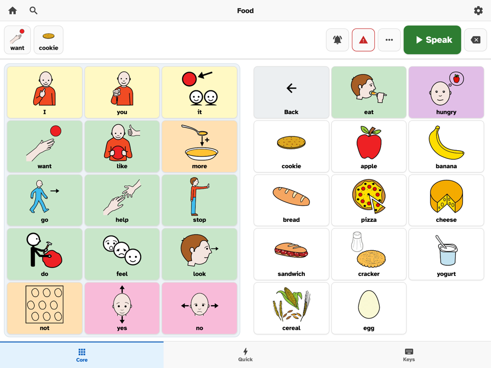 A SayThrough topic page with a sentence built up in the message bar, ready to be spoken aloud.